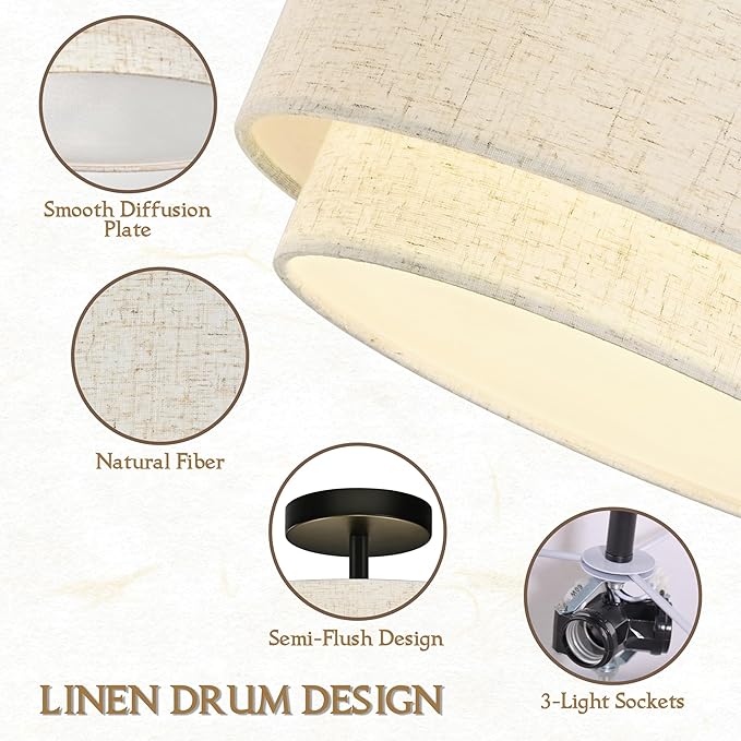 12.6 inch Flush Mount Ceiling Light Black Close to Lights Fixture with 2-Layer Fabric Shade 3-Light Drum Modern Lights for Dining Room Bedroom Hallway