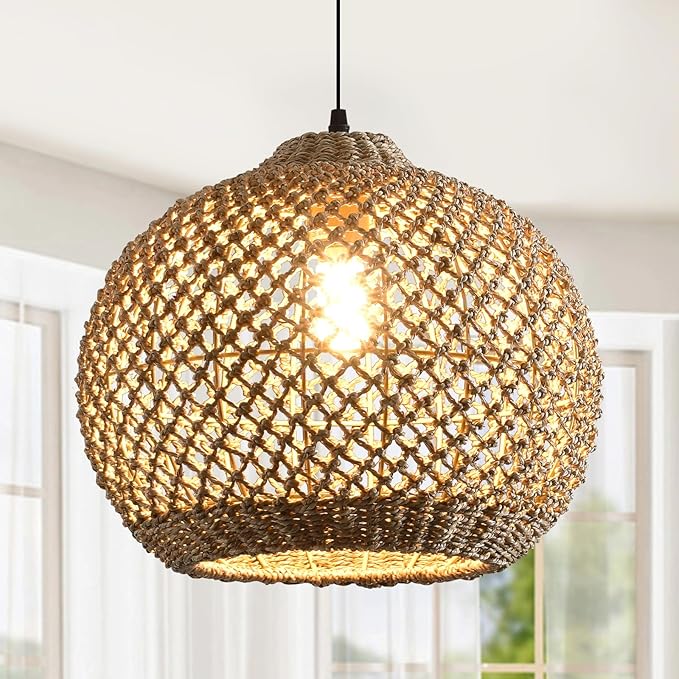 Pendant Light Rattan Fixture,Farmhouse 13.79” Wicker Hand-Woven Boho Hanging Chandelier for Kitchen Island Bedroom Living Room Entry Hallway