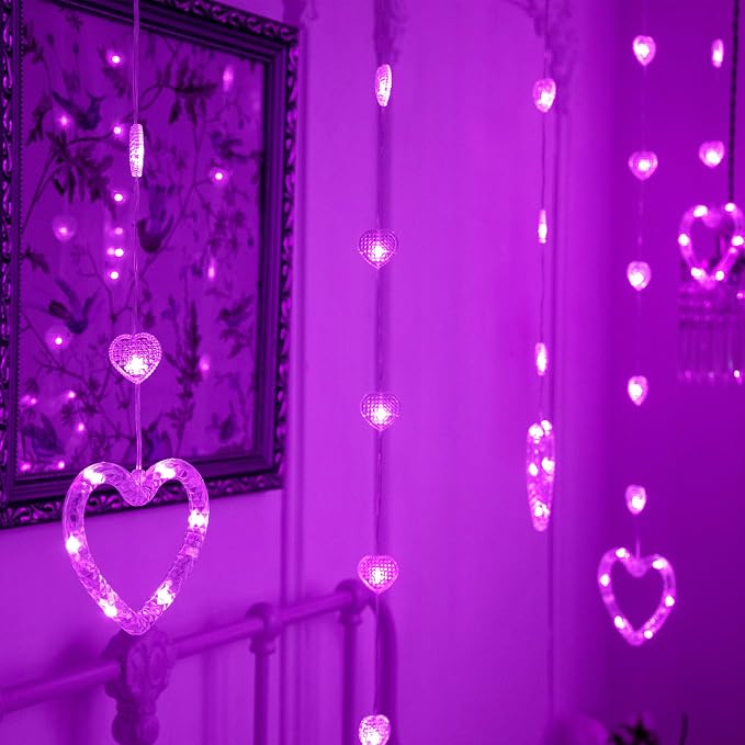 YOLIGHT Heart Curtain Lights, 9.8ft Valentine's Day Window Lights, USB Plug LED Hearts String Lights, Light up Heart Hanging Lights for Valentines Mother's Day Room Decoration (Purple)