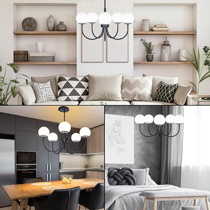 Black Chandelier Pendant Lighting, 5-Light Kitchen Light Fixtures, Mid-Century Modern Large Semi-Flush Ceiling Light Fixture with Frosted Globe Glass for Dining Room Living Room Bedroom Brass