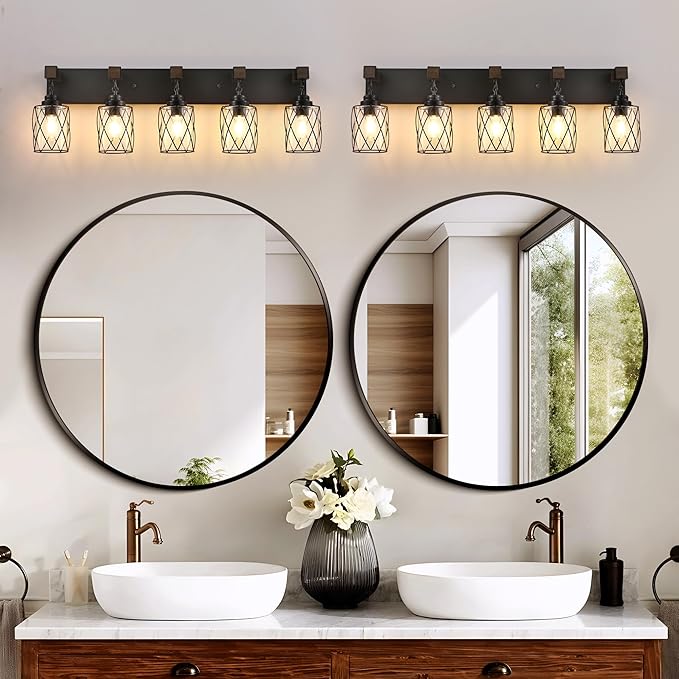Farmhouse Bathroom Light Fixtures, 5 Light Bathroom Vanity Light with Metal and Glass Lampshade, Wood Rustic Lighting Fixtures Over Mirror, Black Wall Sconces for Living Room, Bedroom