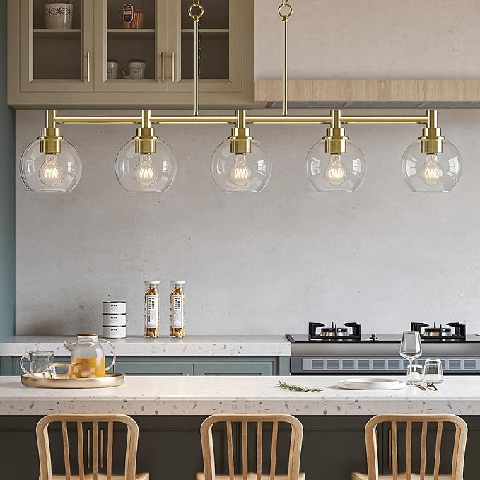 VONLUCE Dining Room Light Fixture Over Table, 5-Light Kitchen Island Lighting with Round Glass Shades & Adjustable Hanging Heights, Linear Chandlier for Dining Room Kitchen, Gold, ETL Certificated
