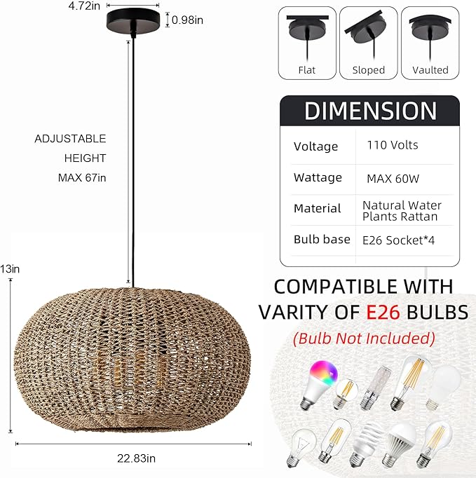 22.83in Large Rattan Chandelier Boho Wicker Hand Woven Pendant Light Farmhouse Ceiling Hanging Lighting Fixture for Living Room Kitchen Island Dining Room Hallway, 4-Lights