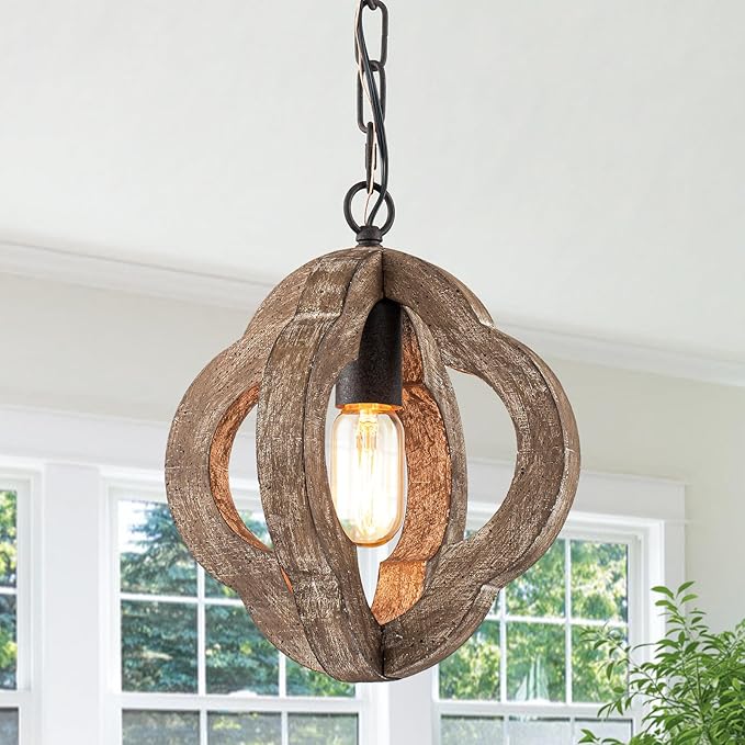 9.84" Modern Farmhouse Wood Pendant Lights Kitchen Island Small Orb Distressed Oak Pendant Light Rustic Ceiling Hanging Light for Kitchen Over Sink Hallway Entryway Foyer Adjustable Chain E26