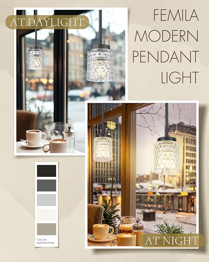FEMILA 4.3" Pendant Lights Kitchen Island, Hammered Glass Hanging Light Fixture, Matte Black Finish, 4FY86MIL BK