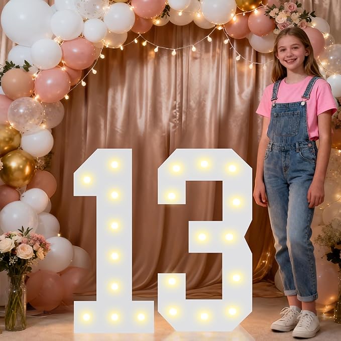 Pooqla 2.4FT Light Up Numbers for 13 Year Old Boy Girl Gifts, Marquee Numbers 2.4 Feet Tall Party Decor for Her Him, Mosaic Big Sign for 13th Birthday Decoration Backdrop, Warm White Large Number 13