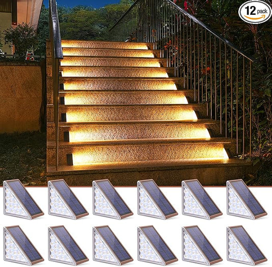 NIORSUN Solar Stair Lights,Warm White Outdoor Step Lights IP67 Waterproof Auto On Off, Outdoor Stair Lights for Steps,Stair,Patio,Yard,Porch,Front Door,Sidewalk,Deck Decor（Brown, 12 Pack）