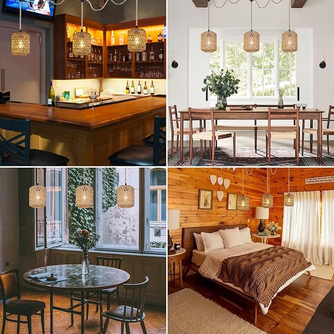 3 Lights Plug in Pendant Light with Cord On/Off Switch Rattan Hanging Lamp with 22ft Hand Woven Wicker Plug in Chandelier Boho Hanging Lights Fixture for Bedroom Kitchen Hallway Foyer