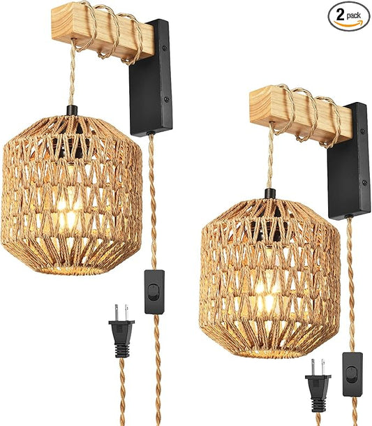 Boho Plug in Wall Sconces Set of Two,Vintage sconces wall Lighting for Bedroom Living Room Farmhouse Rattan Shade -Black