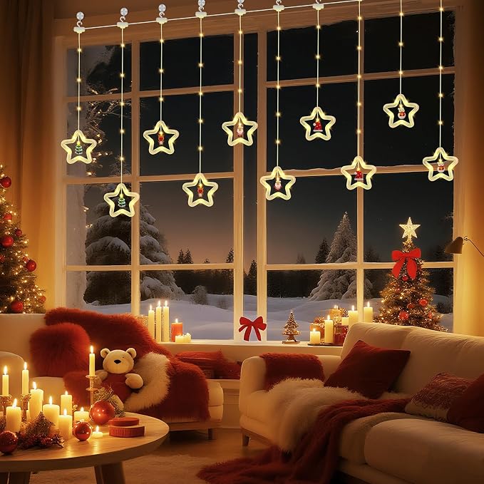 Christmas Star Curtain Lights, Christmas Window Lights Decor with Remote,8 Lighting Modes, IP65 Waterproof, 10 Hooks Christmas Decorations Indoor Outdoor for Bedroom Party Wall Door Window