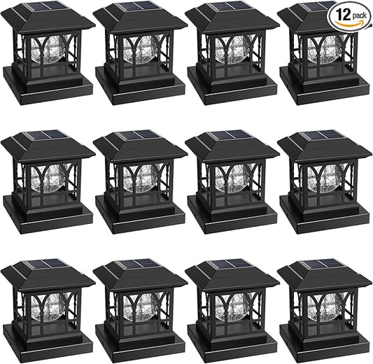 Fence Post Solar Lights, Crackle Glass Solar Post Cap Lights, 20 Lumens, Warm White & RGB Automatic Cycling 2 Modes for 3.6x3.6 4x4 4.5x4.5 5x5 Vinyl Wooden Posts Decoration, Black (12 Pack)