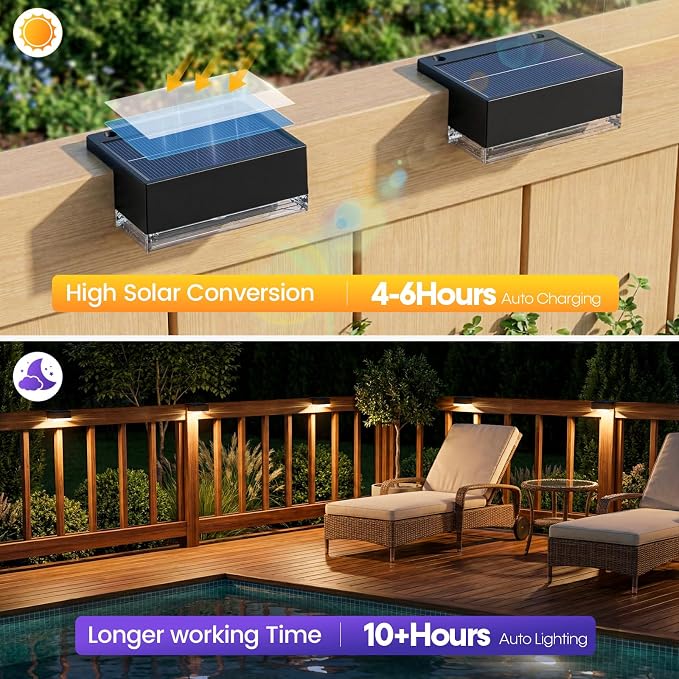 JOFIOS Solar Deck Lights 8 Pack, 3 Color Modes Soft Warm/Natural/Cool Glow, IP65 Waterproof Step Lights for Outdoor Ambiance, Solar Lights for Fence, Deck, Railing, Patio & Backyard Decor (Black)