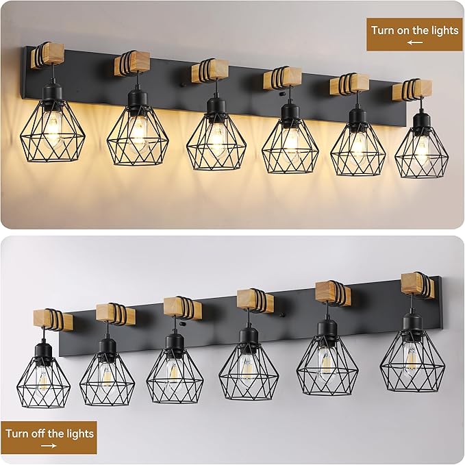 Farmhouse Vanity Light for Bathroom, 6-Light Wood Bathroom Vanity Light Fixtures Over Mirror, Rustic Sconces Wall Lighting with Metal Lampshade for Living Room, Bedroom, Hallway