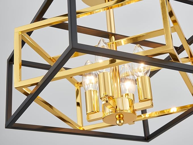 Square Ceiling Light, 4-Light Flushmount Modern Close to Ceiling Light Fixture for Living Room, Bedroom, Dining Room, L13 x W13 x H10 inch, Black & Brass Finish Frame