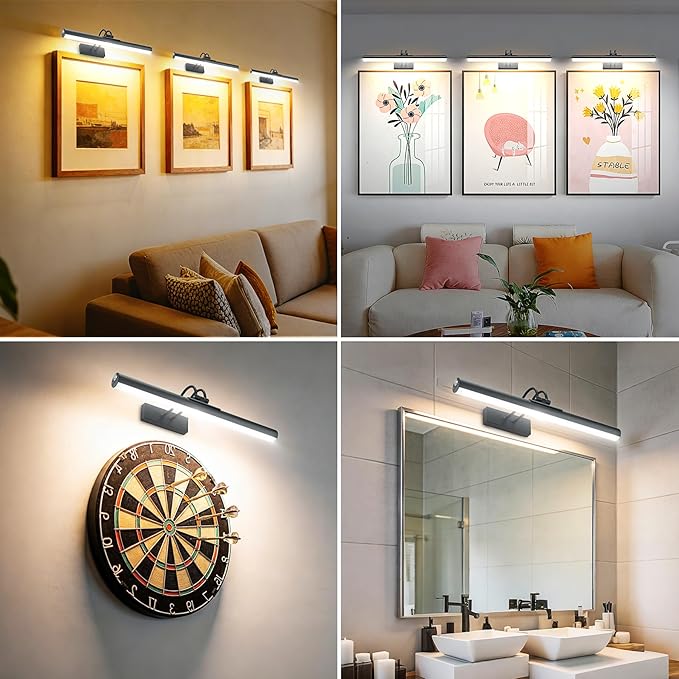 RAIFOOLLY Picture Light,Magnetic Wall Light,16inch Art Light,5000mAh Rechargeable Battery Accent Light with Remote Timer and Dimmable for Painting, Frame, Portrait, Artwork-Black