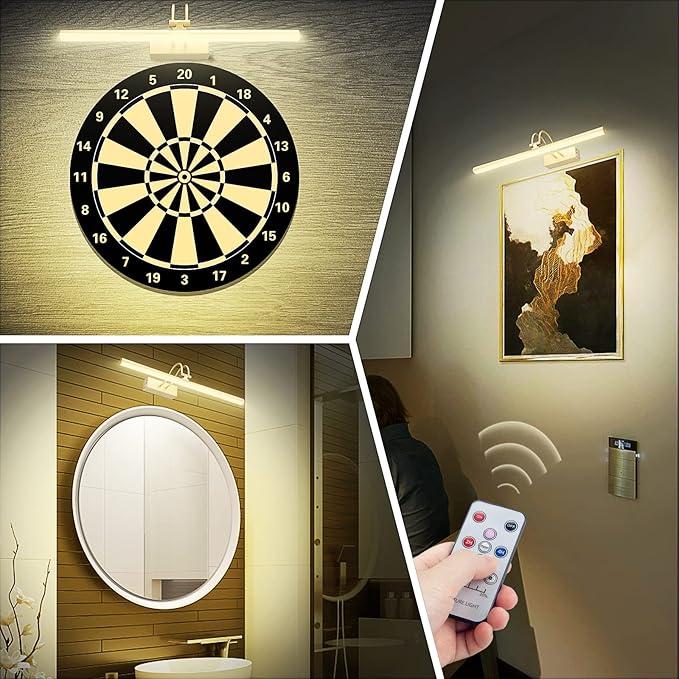 Picture Light, Picture Lights for Wall Cordless, 20inch Battery Operated Wall Lights with Timer and Dimmable, Rechargeable Metal Picture Lights for Display Gallery Painting Art Frame Portrait - Gold