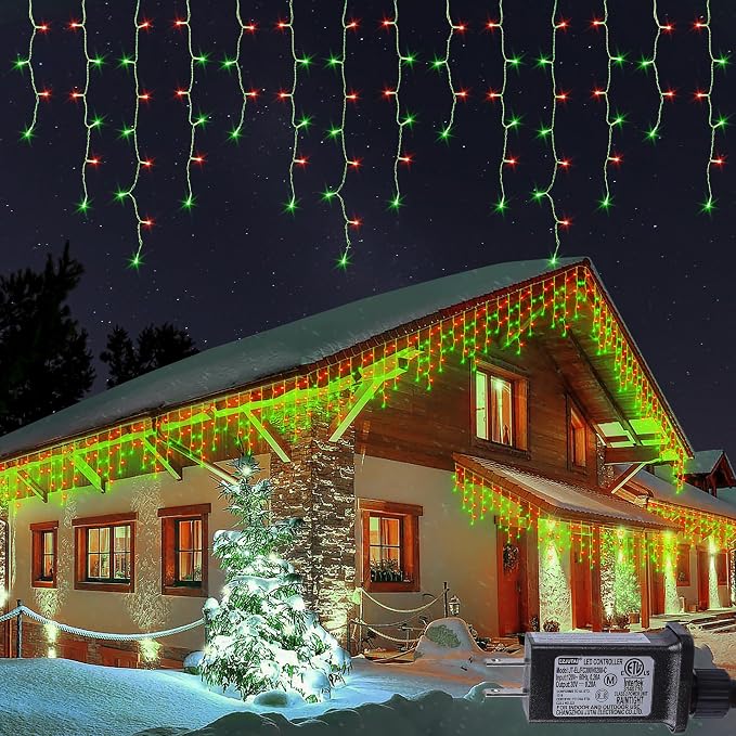 Hopolon 33FT 360 LED Red Green Christmas Icicle Lights,Waterproof Plug in | Outdoor icicle curtain lights with 60 drops, 8 modes, for Christmas, wedding, party, bedroom, garden, wall decor