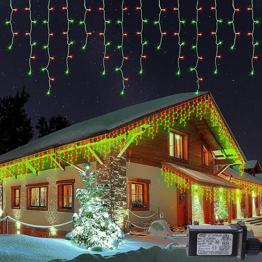 Hopolon 33FT 360 LED Red Green Christmas Icicle Lights,Waterproof Plug in | Outdoor icicle curtain lights with 60 drops, 8 modes, for Christmas, wedding, party, bedroom, garden, wall decor