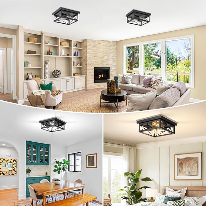 2-Light Farmhouse Ceiling Light Fixture, Industrial Square Flush Mount Ceiling Light, Modern Black Metal Hallway Ceiling Lighting Fixture for Kitchen Entryway Living Room Bathroom Porch