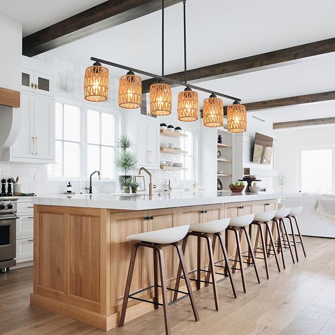 Rattan Pendant Lights for Kitchen Island,6-Light Boho Coastal Chandelier,Bohemian Rustic Pendant Light Fixture for Dining Room,Height Adjustable,Matte Black Farmhouse Woven Hanging Lights Over Table