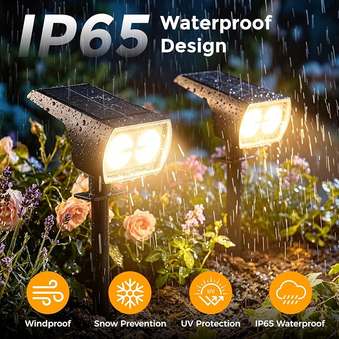 Solar Lights Outdoor Waterproof, 4 Pack 60 LED Solar Spot Lights Outdoor, Dusk to Dawn Light Sensor, 3 Lighting Modes, IP65 for Outside Pathway Yard Garden and Landscape (Warm White)