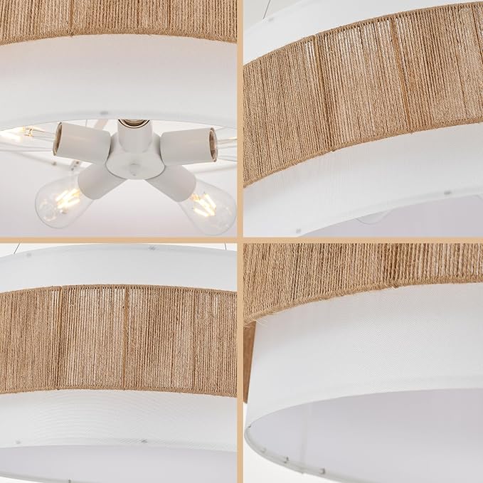 30” Fabric Rattan Chandelier Boho Hand Woven Coastal Pendant Light Adjustable Drum Large Pendant Lighting Fixtures for Dining Room Living Room Kitchen Hallway, Off-White, UL Listed