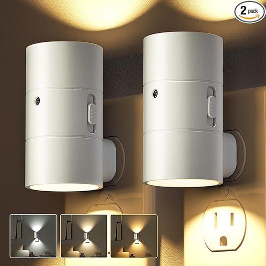 JOFIOS Night Lights Plug Into Wall,Dimmable LED Nightlight with Dusk to Dawn Light Sensor,0-100LM Adjustable Brightness,3 Color Temperatures,Night Light for Hallway Bathroom Stair Bedroom,White,2 Pack