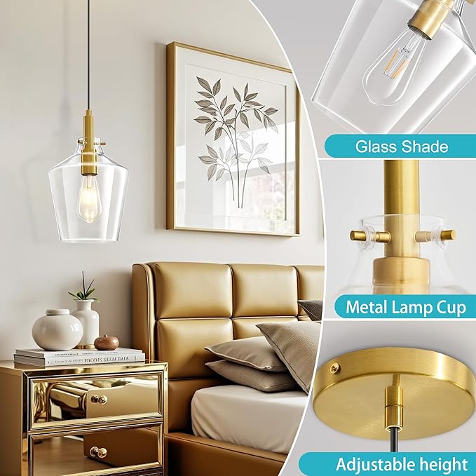 Modern Glass Pendant Lighting for Kitchen Island 2 Pack, Farmhouse Gold Pendant Light Fixtures, Adjustable Hanging Ceiling Light, Angled Clear Glass Shades 8 Inch