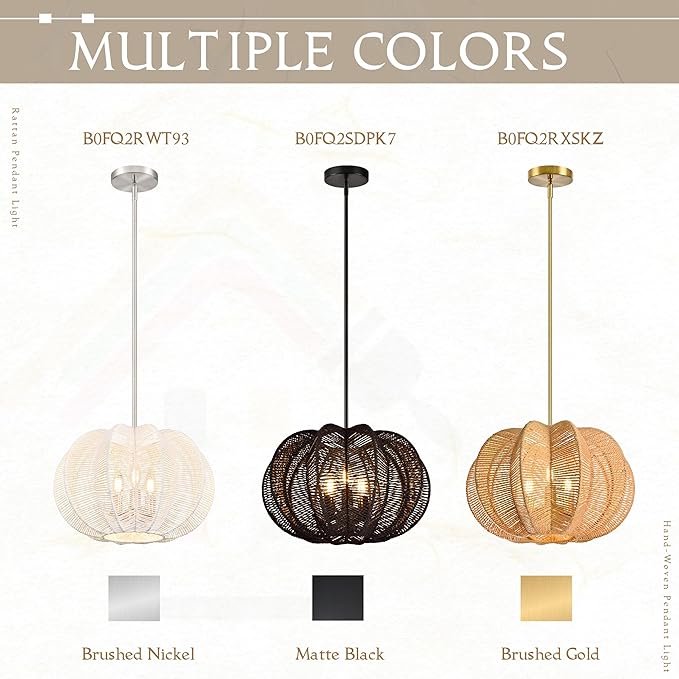 17.7 Inch Rattan Pendant Light Hemp Rope Rattan Light Fixture Woven Pendant Wicker Chandelier 3-Light Boho Chandelier for Bedroom