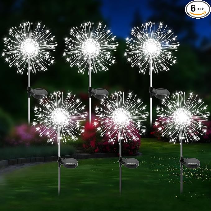 Solar Garden Lights Outdoor, 6 Pack 120 LED Twinkling Firework Lights Decorative with 2 Modes, Outdoor Waterproof Solar Starburst Light for Yard Pathway Planter Patio Decor, White