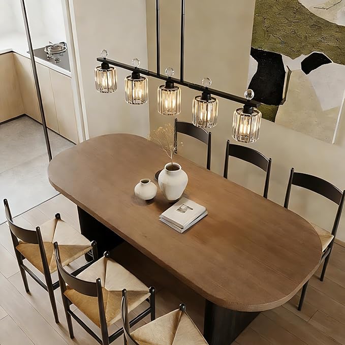 Modern Dining Room Light Fixture Over Table, Crystal Pendant Lights Kitchen Island, Chandeliers for Dining Room Kitchen Light Fixtures (E26) 5-Light Black