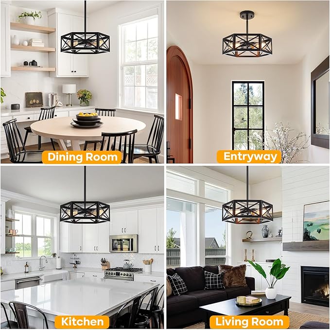 Semi Flush Mount Ceiling Light, Sloped Ceilings Lights Fixtures, Black Farmhouse 2-Light Chandelier, Adjustable Height Metal Lighting for Kitchen Dining Room Entryway Foyer Hallway
