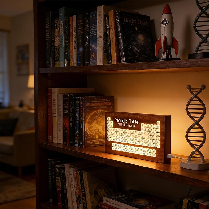 Ammonite Wooden Periodic Table Desk Lamp, USB Powered Element Block LED Warm White Light, Educational Decor for Classroom, Student Chemistry Gifts and Study Room Supplies