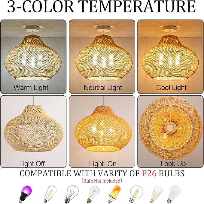 3-Light Rattan Pendant Light,18.9" Round Hanging Light,1-Pack Wicker Pendant Light Hand-Woven Rattan Chandelier for Workplace Dining Living Bedroom Kitchen Farmhouse