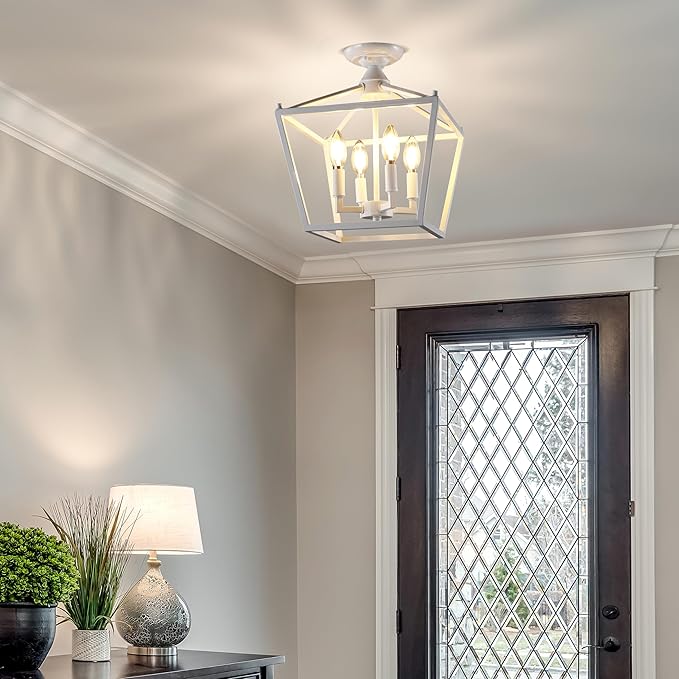 JONATHAN Y 12" White Modern Farmhouse Pagoda 4-Light LED Semi Flush Mount Lantern, Metal Ceiling Light Fixture for Kitchen, Hallway, Entryway, Bedroom, Hardwired (JYL7610E)