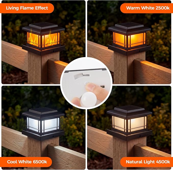 JOFIOS Flickering Flame Solar Post Cap Lights Outdoor, Black Post Lights with 3 Color Temperature, Fits 3.5" 4" 4.5" 5" Wood/Vinyl Posts, IP64 Waterproof Fence Deck Lights for Garden Patio Yard 8 Pack