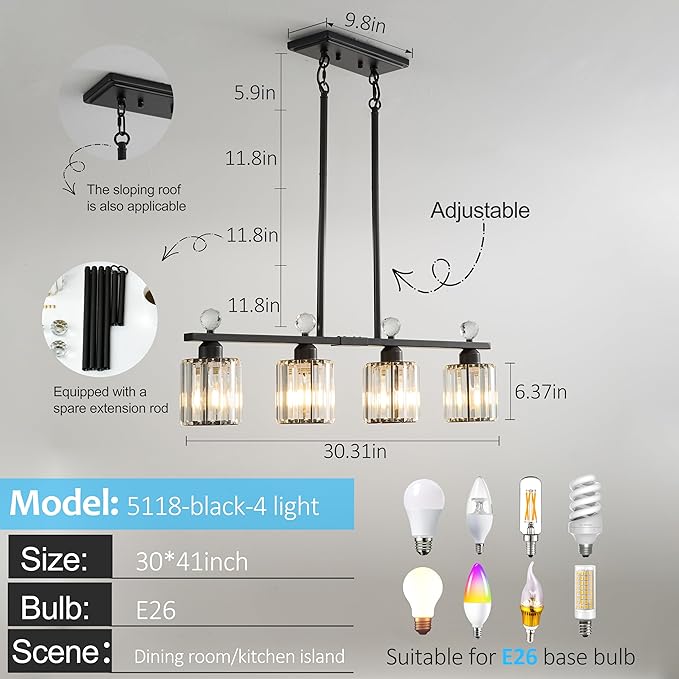 Modern Dining Room Light Fixture Over Table, Crystal Pendant Lights Kitchen Island, Chandeliers for Dining Room Kitchen Light Fixtures (E26) 4-Light Black