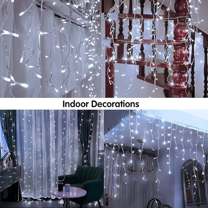 KiflyTooin Solar Christmas Lights Outdoor Waterproof Christmas Decorations Curtain Lights 320LED 29.5ft 60 Drops, Solar Powered Rechargeable Fairy Lights for Party, Wedding, Home Decorations(White)