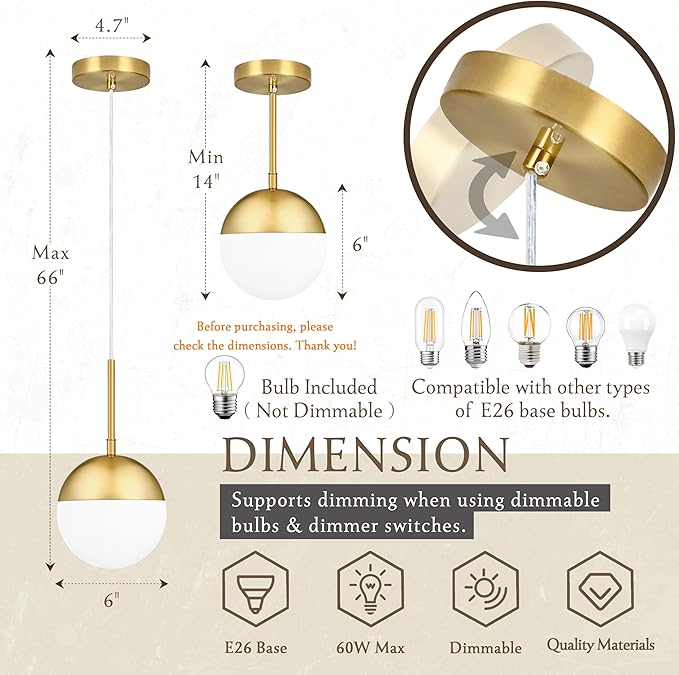 6 Inch Gold 2 Pack Mid Century Modern Pendant Light Pendants for Kitchen Island Frosted Milky White Glass Globe Height-Adjustable Modern Hanging Globe Pendant Light for Bedroom (Bulb Incl)