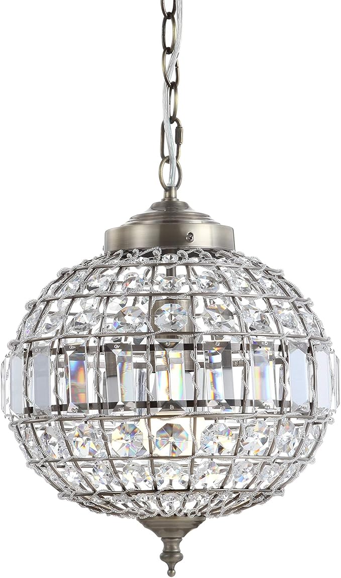 JONATHAN Y 12" Antique Brass Modern Crystal LED Pendant Light for Kitchen, Clear Crystal Shade, Glam Globe Chandelier Hanging Ceiling Lamp for Dining Room Entryway JYL6110A