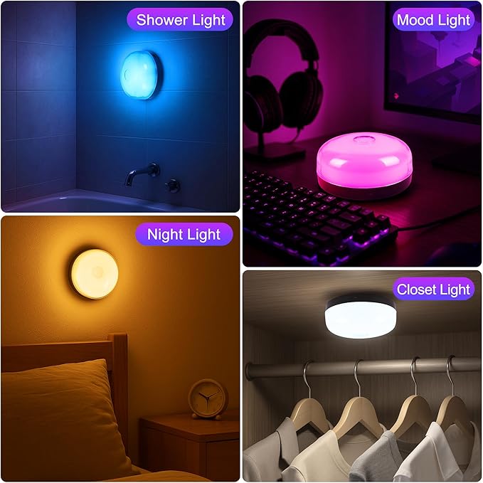2-Pack Waterproof Shower Lights for Inside Shower, 15 RGBW Color Rechargeable Mood Lighting with Remote(Dimmable＆Timer), LED Wireless Ceiling Light for Bathroom, Closet, Hallway, Stairs, Party Decor