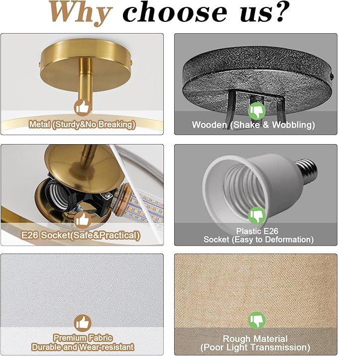 BUXVRCS Semi Flush Mount Ceiling Light Fixture, 3-Light Drum Lighting Fixtures, Hallway Light Fixture Ceiling Mount with Fabric Shade, Close to Ceiling Light for Bedroom Bathroom (Gold)