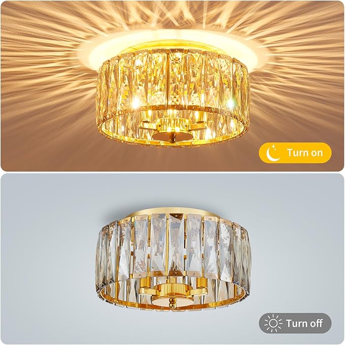 Crystal Ceiling Light, 3-Light Modern Flushmount Ceiling Light for Living Room, Dinning Room Hallway, D12xH9inch, Gold Finish Frame & Champagne K9 Crystal