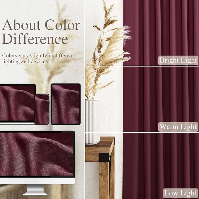 Nanspring Burgundy Linen Curtains for Living Room 94 Inches Long Light Filtering Semi Sheer Curtain Back Tab Vintage Boho Decor Elegant Luxury Drapes for Bedroom Dinner Room 52x94, 2 Panels