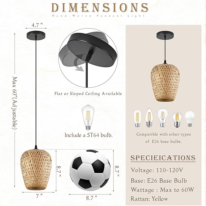 Wicker Pendant Lights Bamboo Pendants Light Boho Chandelier Rattan Pendant Wicker Light Fixture Woven Pendants Lights for Kitchen Island Living Room Dining Room (Bulb Incl.)