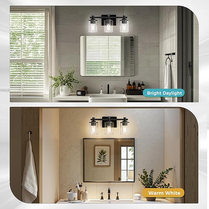DORESshop 20 Inch Bathroom Light Fixtures, 3-Light Upgraded Matte Black Bathroom Lighting Fixtures Over Mirror with Clear Glass Shade, Vanity Lights for Bathroom Living Room Bedroom, ETL Listed