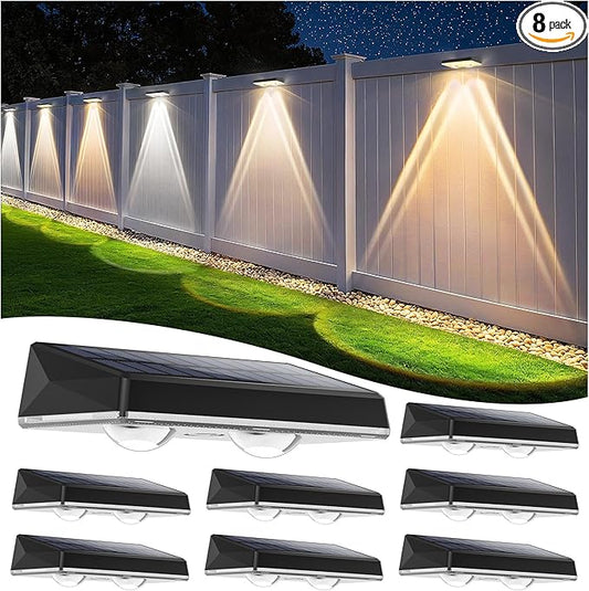 Solar Fence Lights Outdoor, 8 Pack Fence Lights Solar Powered, 3 Color Modes Warm/Natural/Cool White (3000K/4000K/6000K), IP67 Waterproof Dusk to Dawn Solar Lights for Fence, Backyard, Patio, Deck