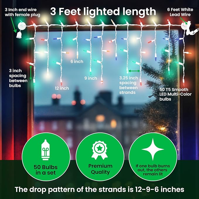 Christmas LED Twinkle Window Icicle Lights - 3 Feet (0.91 m) - 8 of 50 Bulbs Twinkle Random - 50 LED Multicolor Bulbs - Indoor Outdoor - Twinkling Icicle Christmas Lights
