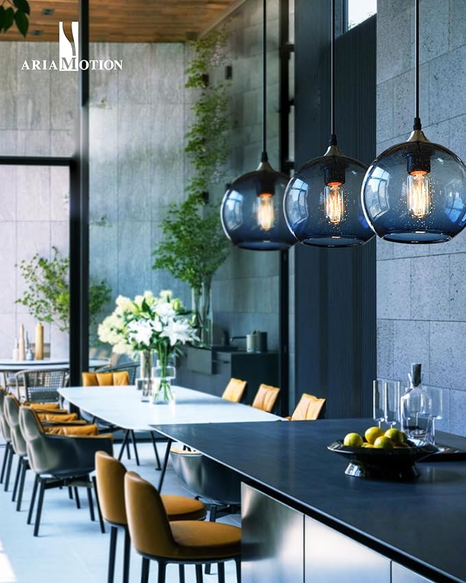 ARIAMOTION Pendant Lights Kitchen Island Blue Glass Lighting Modern Globe Ceiling Hanging Fixtures Seeded Bubble Bedside 8.7 Inch Diam 2-Pack Brushed Nickel