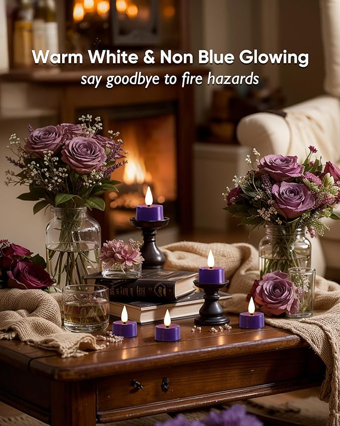 Amagic Flameless Purple Timer Remote Tealights Candles, 3D Black Wick Flickering Tea Light, 300+Hour Colored Votive Candles Battery Operated, Set of 24 for Party, Wedding Table, Halloween, Mardi Gras